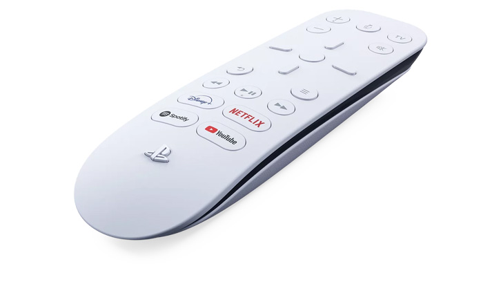 Na białym tle leży biały pilot z przyciskami do obsługi multimediów i logotypami Spotify, Netflix, YouTube i Disney+.
