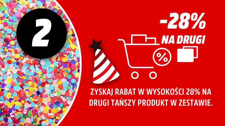 Krok 2 Zyskaj rabat w wysokości 28% na drugi tańszy produkt w zestawie. Obok ikona koszyka zakupowego -28% na drugi oraz czapki urodzinowej.