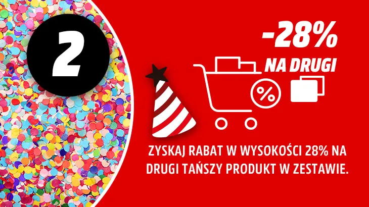 Krok 2 Zyskaj rabat w wysokości 28% na drugi tańszy produkt w zestawie. Obok ikona koszyka zakupowego -28% na drugi oraz czapki urodzinowej.