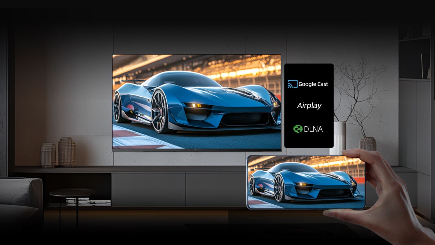 Ekran telewizora z interfejsem Google TV oraz ikonami aplikacji, takich jak Netflix, YouTube i Prime Video.