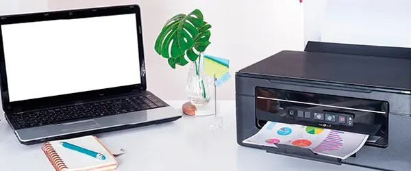 Na biurku leżą: laptop z białym ekranem, notatnik z długopisem, drukarka drukująca kolorowy wykres i wazon z zielonym liściem.