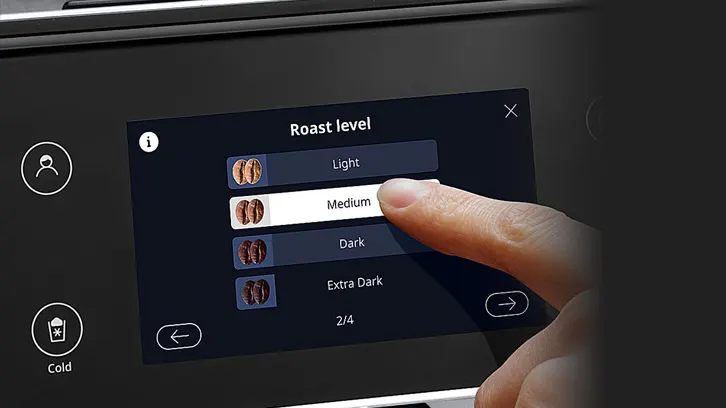 Ekran urządzenia z menu wyboru stopnia palenia kawy: jasny, średni, ciemny i bardzo ciemny. Palec dotyka opcji "średni".