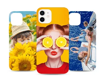 Trzy etui na telefon: dziecko w słonecznikach, kobieta z cytrynami i ludzie na jachcie na tle morza.