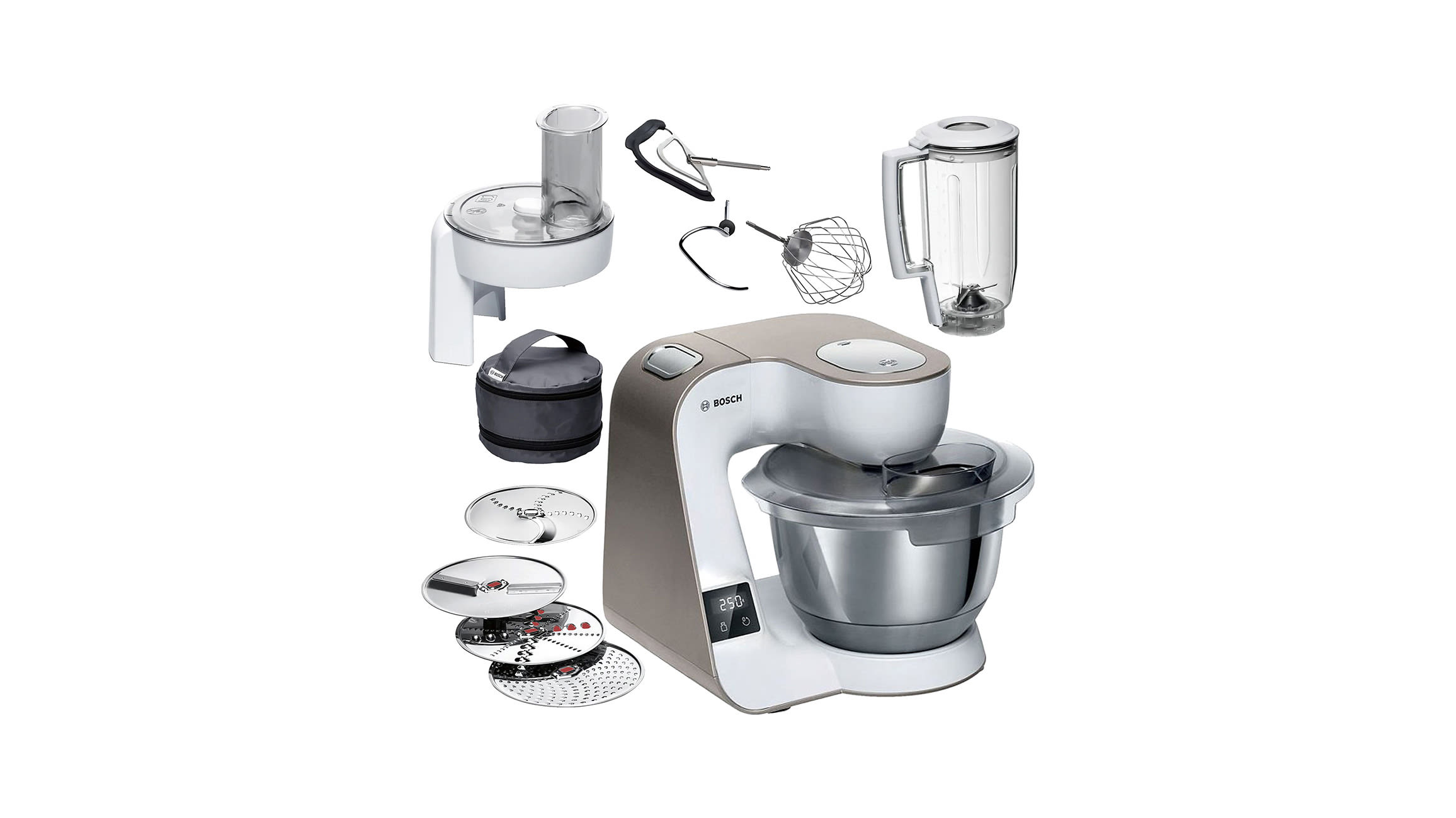 Biały robot kuchenny Bosch z metalową misą i końcówkami w zestawie, widok z przodu na białym tle.