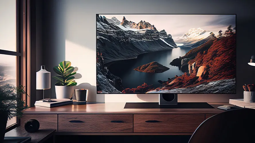 Telewizor pokazuje górski krajobraz. Na biurku stoją lampa, roślina i inne przedmioty. Za oknem widać krajobraz.