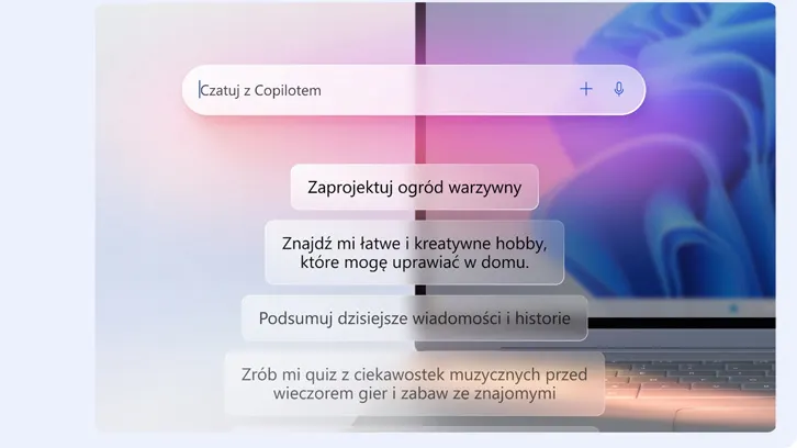 Interfejs Copilota na laptopie z opcjami czatu, projektowania ogrodu, hobby, wiadomości oraz quizu muzycznego.