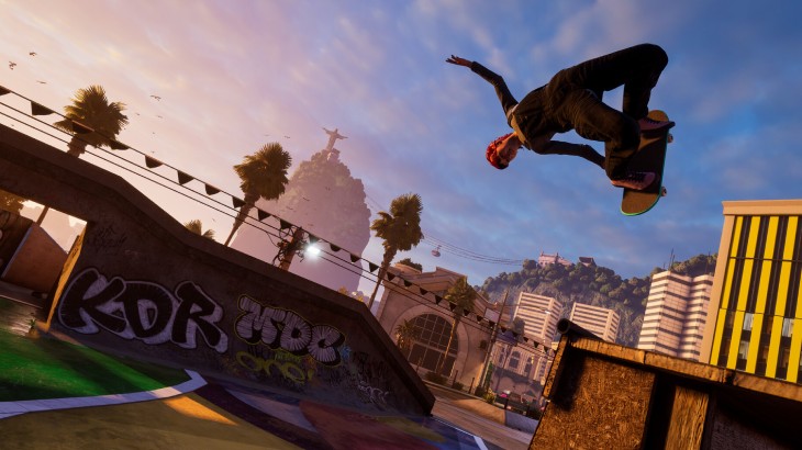 Postać z THPS wykonuje trick w powietrzu, w tle jakiś mostek z graffiti