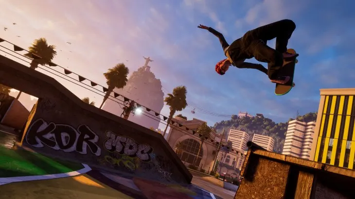 Postać z THPS wykonuje trick w powietrzu, w tle jakiś mostek z graffiti