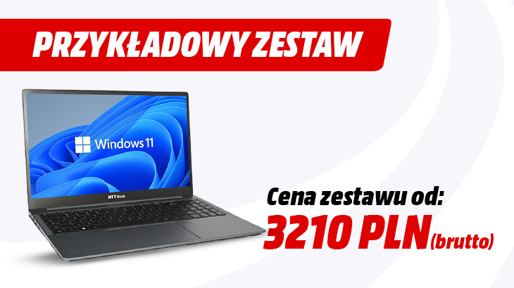 Przykładowy zestaw cena zestawu od 3210 zł brutto. Laptop na szaro białym tle.