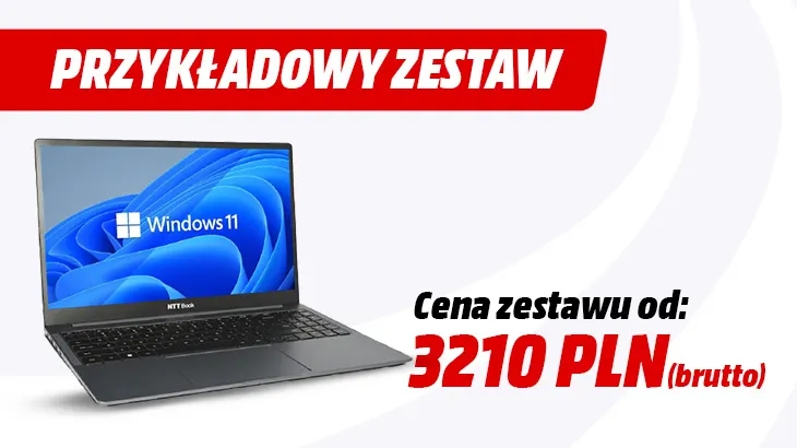 Przykładowy zestaw cena zestawu od 3210 zł brutto. Laptop na szaro białym tle.