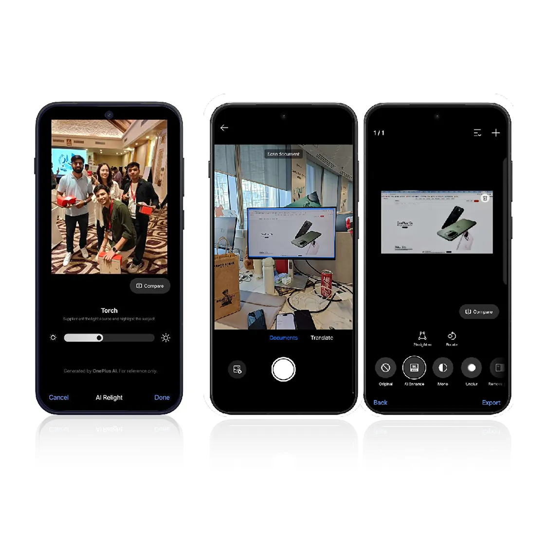 trzy smartfony prezentujące usługi: AI Portrait Glow oraz AI Scan
