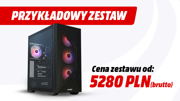 Przykładowy zestaw cena zestawu od 5280 zł brutto. Obok komputer na szaro białym tle.