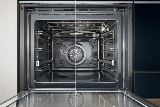 Otwarty piekarnik z metalowymi półkami i grzałką. Wnętrze piekarnika jest puste, a drzwiczki otwarte.