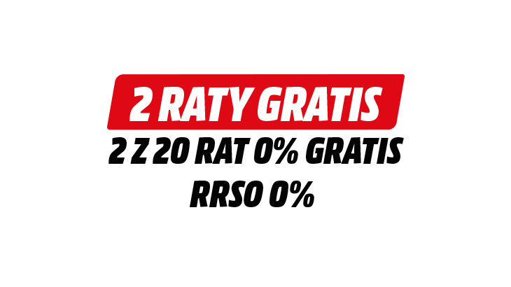 Biały napis 2 RATY GRATIS na czerwonym tle. Czarny napis: 2 z 20 rat 0% Gratis RRSO 0%