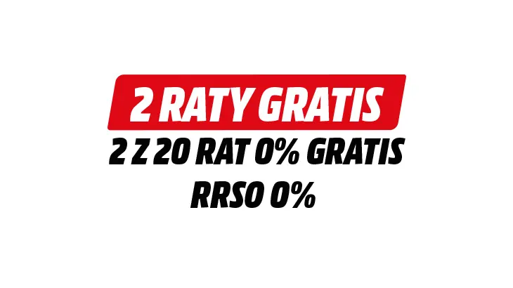 Biały napis 2 RATY GRATIS na czerwonym tle. Czarny napis: 2 z 20 rat 0% Gratis RRSO 0%