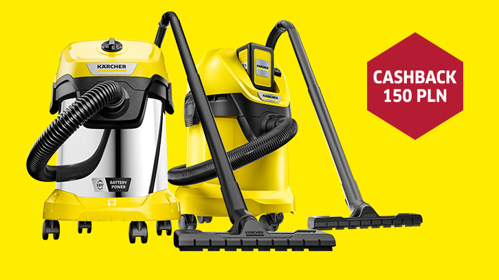 Na żółtym tle dwa odkurzacze Karcher i czerwony sześciokąt z napisem "Cashback 150 PLN".