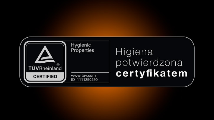 Logo certyfikacji TÜV Rheinland dla właściwości higienicznych, tekst po polsku: Higiena potwierdzona certyfikatem.