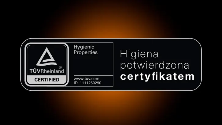 Logo certyfikacji TÜV Rheinland dla właściwości higienicznych, tekst po polsku: Higiena potwierdzona certyfikatem.