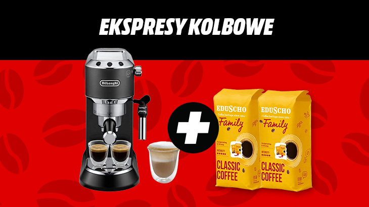 Ekspresy kolbowe. Na czerwono-czarnym tle znajduje się ekspres kolbowy oraz 2 kawy Eduscho Family Classic Coffee.