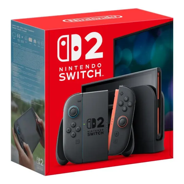 Czerwone pudełko z szarym Nintendo Switch OLED z czarną stacją dokującą i kontrolerami Joy-Con z pomarańczowymi akcentami.