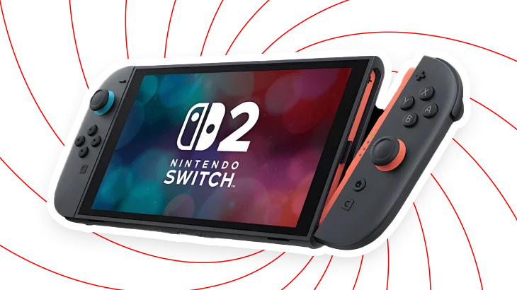 Szara konsola Nintendo Switch z kolorowym ekranem i kontrolerami na białym tle z czerwonymi liniami.