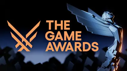 Logo "The Game Awards" obok statuetki anioła na ciemnym tle z sylwetkami.