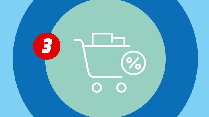 Na zielonym tle, czerwone koło z cyfrą 3, obok biały rysunek kosza zakupowego z zakupami i %.