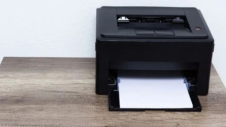 Czarna drukarka na drewnianym stole drukuje białą kartkę papieru. Tło jest białe.