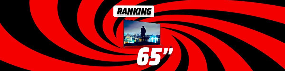 Grafika rankingu TV 65 cali - zwycięski telewizor na tle wizualizacji czerwono-czarnego wiru.