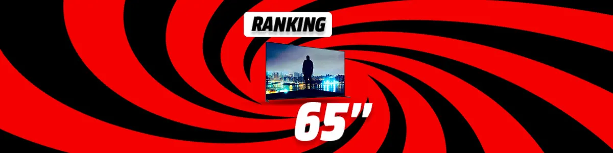 Grafika rankingu TV 65 cali - zwycięski telewizor na tle wizualizacji czerwono-czarnego wiru.