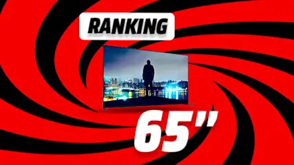 Grafika rankingu TV 65 cali - zwycięski telewizor na tle wizualizacji czerwono-czarnego wiru.