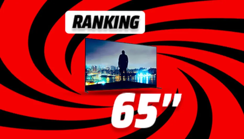 Grafika rankingu TV 65 cali - zwycięski telewizor na tle wizualizacji czerwono-czarnego wiru.