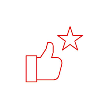 Czerwony kontur dłoni z kciukiem w górę obok czerwonej gwiazdy na białym tle.