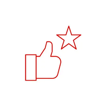 Czerwony kontur dłoni z kciukiem w górę obok czerwonej gwiazdy na białym tle.