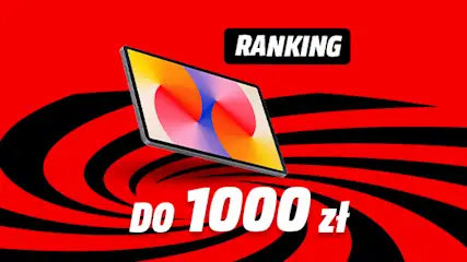 Czerwone tło z czarnymi wirami, tablet z kolorowym ekranem. U góry napis "RANKING", na dole "do 1000 zł".