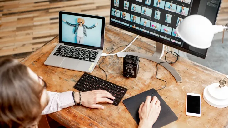 Osoba pracuje przy drewnianym biurku z laptopem, monitorem, klawiaturą, myszką, telefonem i aparatem fotograficznym. Na ekranach widać zdjęcia.