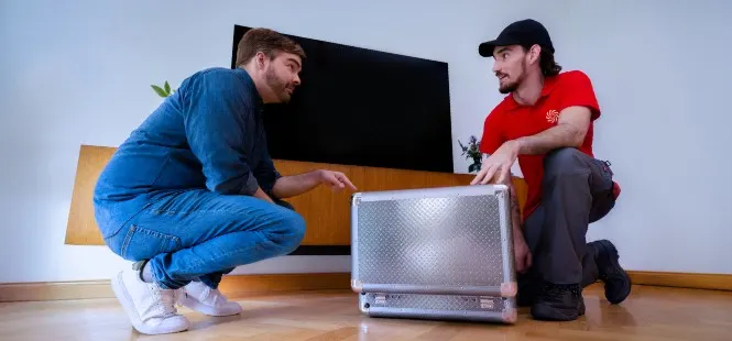 Dwóch mężczyzn przy srebrnej torbie na podłodze. Jeden w niebieskiej koszuli kuca, drugi w czerwonej koszuli klęczy obok.