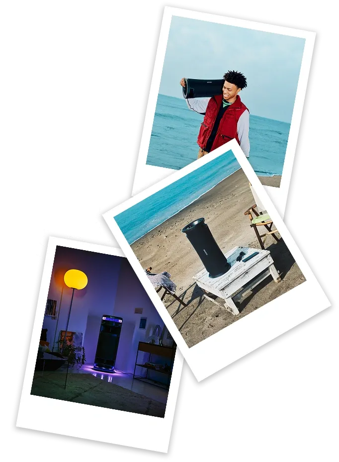 Trzy zdjęcia z polaroida przedstawiające głośnik party