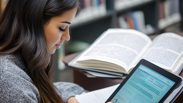 Kobieta spogląda na włączonego tableta, na drugim planie otwarta księga