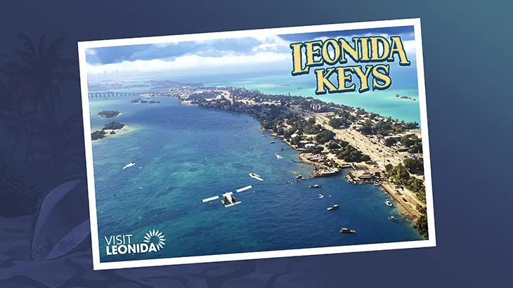 Pocztówka Leonida Keys woda i plaża, na granatowym tle.