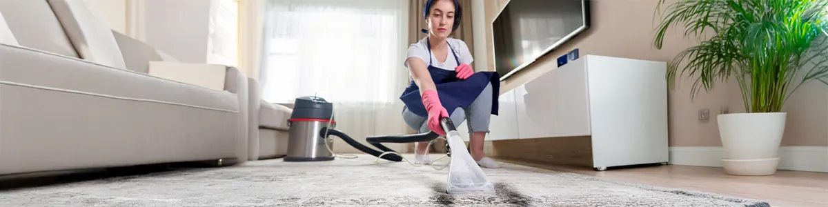Kobieta w gumowych różowych rękawiczkach czyści na mokro biały dywan małą ssawką dużego srebrnego odkurzacza piorącego.