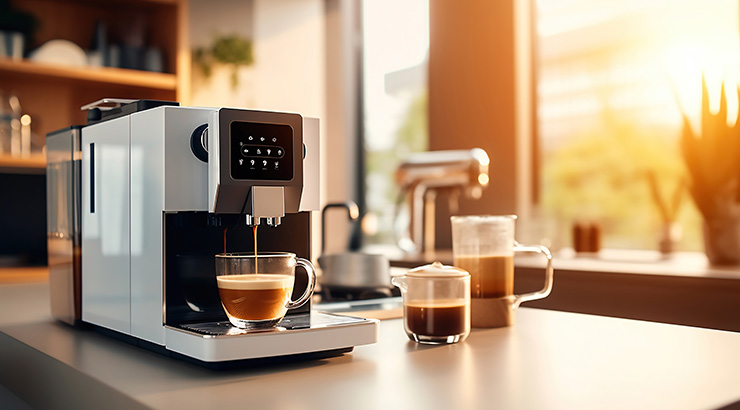 Ekspres do kawy nalewa napój do szklanki. Obok stoją dzbanek i szklanka z kawą. W tle widać okno i sprzęty kuchenne.