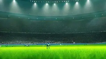 Na zdjęciu stadion z zieloną murawą, oświetlony reflektorami, z trybunami wypełnionymi kibicami. Na boisku widoczni piłkarze.