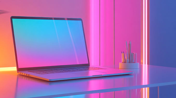Laptop stojący na biurku, z tyłu kolorowe podświetlenie