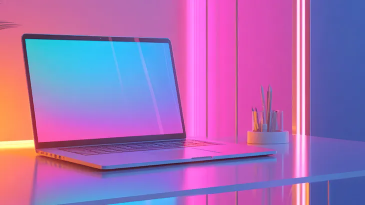 Laptop stojący na biurku, z tyłu kolorowe podświetlenie