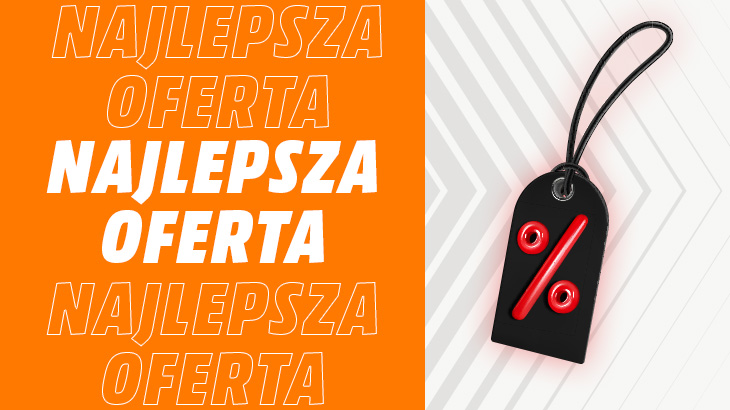Najlepsza oferta text na pomarańczowym tle. Po prawej stronie metka z % na białym tle.