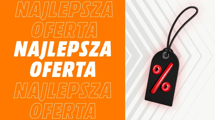Najlepsza oferta text na pomarańczowym tle. Po prawej stronie metka z % na białym tle.