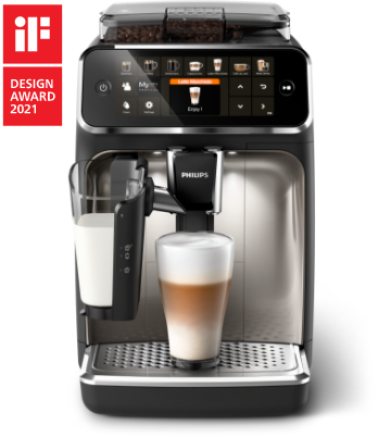 Automatyczny ekspres do kawy Philips z napojem w szklance i mlekiem w pojemniku, oznaczony nagrodą Design Award 2021.