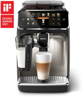 Automatyczny ekspres do kawy Philips z napojem w szklance i mlekiem w pojemniku, oznaczony nagrodą Design Award 2021.