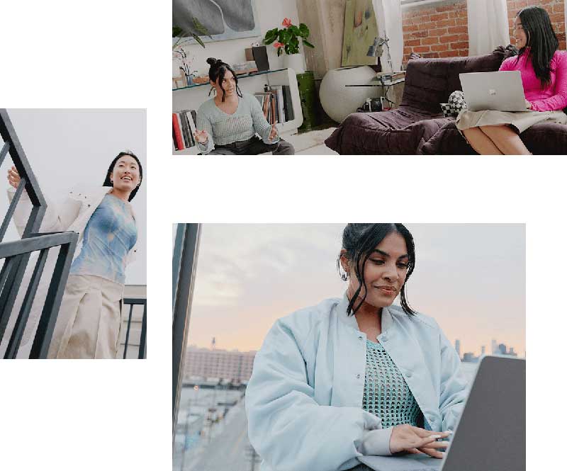 Kolaż zdjęć przedstawia trzy kobiety: jedna pracuje na laptopie na dachu, inna siedzi na podłodze, a trzecia stoi na schodach.